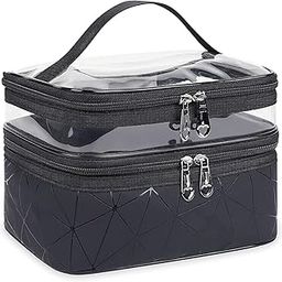 House of Quirk PVC Makeup Bags Double Layer Travel Cosmetic Cases Make Up Organizer Toiletry Bags (Black)-image-22