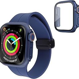 OBJECT GEEK Smart Watch Strap for Men & Women, Apple Watch Strap 41mm + Watch Case for iwatch Series 4, 5, 6, 7, 8, 9, SE, & SE 2nd Gen, Silicone iwatch strap, Sports Watch - Deep Blue-25