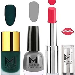 MI Fashion Nail Polish and Lipstick Combo - Dark Green Matte Nail Polish Grey Shine Nail Polish and Magenta Lipstick Set of 3-image-97