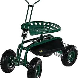 Sunnydaze Garden Seat with Wheels - Rolling Gardening Seat - Garden Stool on Wheels with Adjustable Handle and Utility Tray - Green-image-4