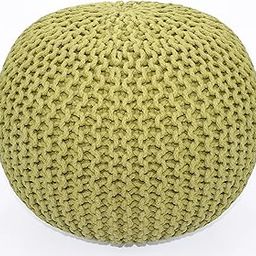 Green : Cotton Craft - Hand Knitted Cable Style Dori Pouf - Green - Floor Ottoman - 100% Cotton Braid Cord - Handmade & Hand Stitched - Truly one of a Kind Seating - 20 Dia x 14 High-image-1
