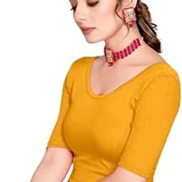 Cotton Lycra Stretchable Comfy Round Neck Net Elbow Length Sleeves Saree Blouse Readymade Crop Top Choli for Girls & Women's-image-27