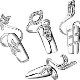 Rhinestone Fingertip Opening Ring Adjustable Nail Guard Cover Rings Silver | 1 Set of 4 Pieces Fingertip Nail Rings-image-17