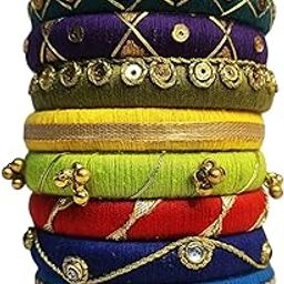 NISHQ Multicolour Thread Fabric Kundan Bangles set for women & Girls | Traditional Accessories for Women Handcrafted Bangle | 10 Pcs Set-image-77