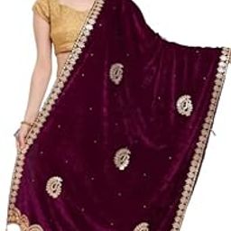 Velvet Dupatta with Gold Embroidered Border, Wine Purple Colour, Traditional Design with Tassels-picture-29