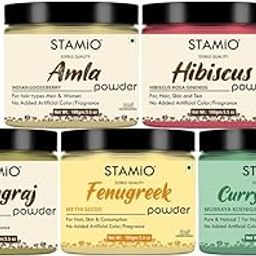 STAMIO Hair Care 5 Products Combo 480 gm - Amla Hibiscus Bhringraj Fenugreek (Methi Dana) Curry Leaves Powder for Mask, Pack, Anti-Dandruff, Shine | Natural Powders Kit | In Jar (100gm X 4 + 80gm)-picture-39