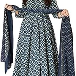 Women's Cotton 3/4 Sleeves V-Neck Floral Print & Embroidary Work Anarkali Kurti Pant & Dupatta Set-picture-56