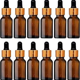 nsb herbals 15ml Amber Round Empty Glass Bottle + Glass Dropper + Gold Ring + Silcon Teat, Refillable, Reusable, Leak Proof for Essential Oils, Blends, DIY Perfumes & Face Oil (Pack of 12)-53