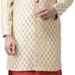 Men's Indo-Western Kurta Sherwani Dhoti Set, Cream Silk Blend, Jacquard Regular Fit Long Sleeves Mandarin Collar-2