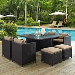 Mymigos 7-Piece Outdoor Rattan Quick Dining Set for Terrace & Garden, Poolside Powder Coated Iron Dark Brown & Dark Cream Cushioned Chairs, Ottoman & Table (Table Top: Without Glass)-image-51