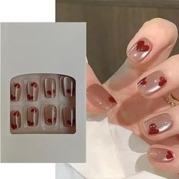 S.A.V.I 24 Pcs Nude Cat's Eye Red Heart Print Fake Nails | Medium-Length Square Shape Press-On Nail Set for Women | Natural-Looking, DIY, Easy to Apply, Stylish Nail Art for Any Occasion-picture-19