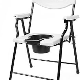PHYSIQO Folding Elderly Disabled Man And Pregnant Woman Stainless Steel Shower And Bathing Room Mobile Commode Chair With Toilet Seat Comfortable Safe Toliet Stool Anti-Skid (White) (All White)-image-53