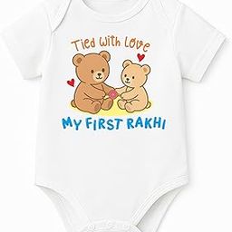 My First Rakhi Baby Romper for Girls/Boys | Cotton Bodysuit with ' Tie with Love My First Rakhi' Quote | Raksha Bandhan Festive Outfit for Newborns & Infants-picture-11