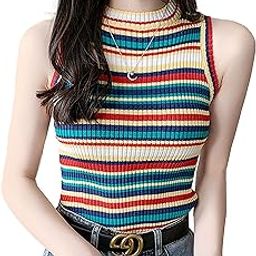 Women's Knitted Mock Neck Sleeveless Colour Block Pattern Rainbow Multicoloured Striped Crop Tank Cami Top Vest DN12-12