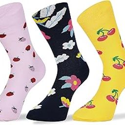Women Mid Calf Soft Pure Cotton Fruit Flower Calf Length Socks, Pack of 3 Pairs, Multicolored, Free Size-image-74
