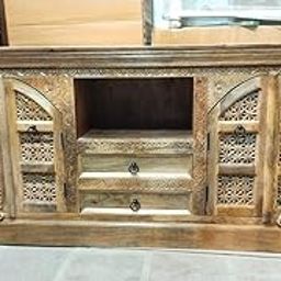 Solid Mango Wooden Handcraved Storage Cabinet | Royal Look TV Cabinet with Drawers & Door for Living Room, Bedroom, Hotel & Home, Natural Finish, (168 x 45 x 80cm)-image-95