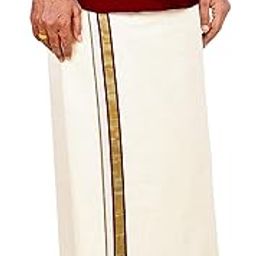 Mens Gold Jari Line Border 100% Cotton Cream Dhoti 4.00 Meters Double Mundu/Vesti-image-46