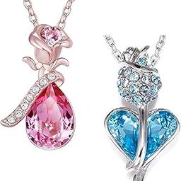 Crystal Jewellery Combo Of 2 Rhodium And Rose Gold Plated Heart And Drop Alloy Pendant Studded With Multi Color (Blue, Pink) Crystal Stones For Girls And Women CO1000382-14