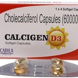 CADILA Calcigen D3 (Vitamin D3 - Cholecalciferol) 60000 IU - Pack of 5 * 4 Capsules, Once A Week (4)-image-1
