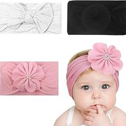 SYGA Pack of 3 Baby Headbands – Soft Stretchable Nylon Hairbands with Jacquard Bow, Turbon & Flower Design – Infant Toddler Hair Accessories for Girls 0-3 Years (Black, White, Pink)-image-12