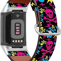 Mingdao Compatible with Fitbit Charge 5, Patterned Leather Replacement Band, (Skull And Electricity Sign)-image-21