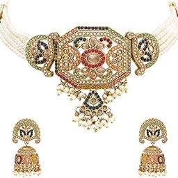 Gold Plated Traditional Kundan Pearl Multi Layered Choker Necklace Jewellery Set For Women (ML444W)-image-89