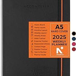 NEORAH - A5 2025 DATED WEEKLY PLANNER - Accomplish - Includes Yearly | Monthly | Weekly + Notes Layout with 12 Month Budget Tracker | Habit Tracker Wheel | Gratitude Journal | Track Goals - Accomplishments | Things to Do | Passion | Password Log | Track Birthday Anniversary | Extra Notes | 2025 Productivity Planner Diary with Dates - Planner for Work & Study (Size 21.0 x 14.8cm) | Dated Weekly Planner-HARDCOVER | (BLACK) [STICKERS SOLD SEPERATELY]-image-80