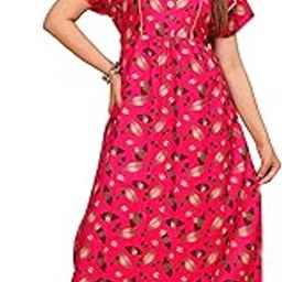 Women's Cotton Floral Print Nightgown with Golden Leaves, Navy Blue/Dark Pink, Semi-Frock Design, Pack of 1-image-2