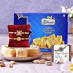 TIED RIBBONS Rakhi for Brother Set of 2 wih Sweets Gift Hamper - Premium Rakhis for Brother Bhaiya Men Boys with Soan Papdi Greeting Card and Tikka - Bracelet Rakhi for Brother-27