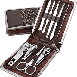 BRYFER 9 pcs Stainless Steel Manicure Pedicure Set with Nail Clippers, Tweezers, Cuticle Tools and Grooming Accessories in Brown Leather Organizer Case-image-89