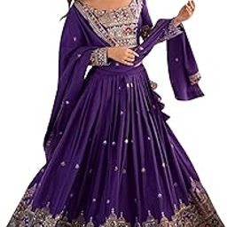 Women's Heavy Embroidered Work Round Neck Chinon Silk Fabric Lehenga Choli with Lace Dupatta Set (Dark Purple)-picture-20