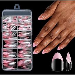 NPAH 12 Sizes Medium Tips Press on Nail Kit French Full Cover Soft Gel Fake Nail Almond Acrylic False Nail Press on Pink & Clear Fake Nails Extensions for Salon, DIY- (PINK)-47
