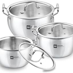 Bergner BE Essentials TriPly Stainless Steel 3 Pcs Rice Handi Set - 16cm / 2L, 18cm / 3.2L, 20cm / 4.2L with 3 Flat Glass Lids, Less Oil Use, Even Heat Distribution, Induction Bottom, Gas Stove Ready-image-35