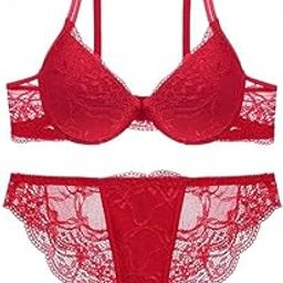 Women's Floral Lace Bra and Panty Set,Underwired Push-Up Multicolor-image-84