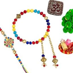 Golden Chain Rakhi Bracelet for Bhaiya Bhabhi – Multicolor Beads Festival Combo Pack-image-0