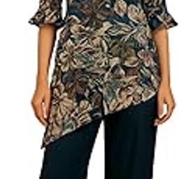 Women's Floral Print Co-ord Set, Asymmetric Tunic Top with Bell Sleeves, Wide-Leg Palazzo Pants, Teal Blue-image-3