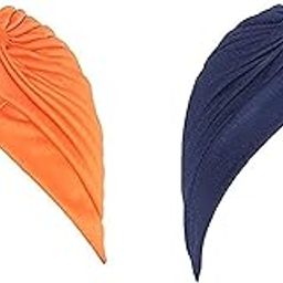 2 Pcs Men & Women Pleated Head Wrap Knit Bonnet Turban/Pleated Stretchable Polyester Pagri Head Cover/Sun Cap (Orange & Blue)-image-53