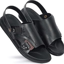 FLIK Men's Leather Slingback Sandals, Black/Brown Double Strap, Open Toe Casual Slides with Adjustable Fit-image-1