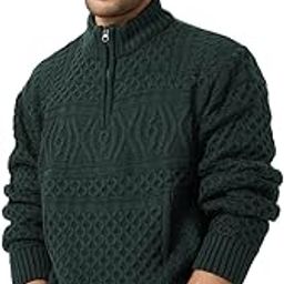 Cable Knit Pullover: Emerald Men and Boys Long Sleeves Stand Collar Solid Acrylic Oversized Pullovers-image-50