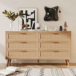 MAA BHAWANI Works 6 Drawer Double Dresser for Bedroom, Rattan Chest of Dressers, Modern Wooden Dresser Chest with Golden Handles, Beside Table for Closet, Living Room and Entryway, Natural-image-74