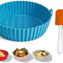 Air Fryer Silicone Tray | Air Fryer Liners I Round Silicone Basket Baking Tray I Pot with Ear Handles I Nonstick Reusable Heat Resistant I Cooking Oven Insert Accessories (Blue + Oil Brush)-image-24