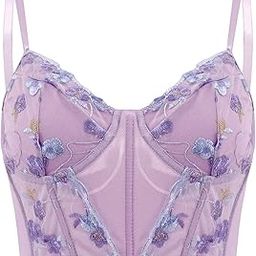 Testudineus Women Chic Floral Embroidered Corset Top Spaghetti Strap Sheer Mesh Push Up Bustier Bralette-image-49