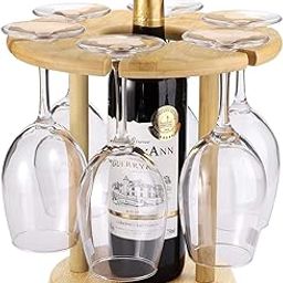 HOKIPO Bamboo Wine Glass Rack Counter Table Top Wooden Wine Bottle Storage Holder for Kitchen, Bar, Cabinets Holds 6 Glass (NEW-3829)-image-68
