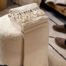 Tarantaran 100% Cotton Throw 50 X 60 Inches Decorative Living Room Couch and Sofa Knitted Blanket with Tassels Chevron, (Beige- 127 X 152 Cm), 200 TC-11