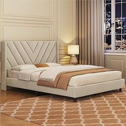 CRIGE Drix Modern Upholstered Platform King Size Box Spring Suede Modern Bed Without Storage for Bedroom, Home Furniture (Beige, Fitting Mattress Size: 72x78 Inches)-image-69