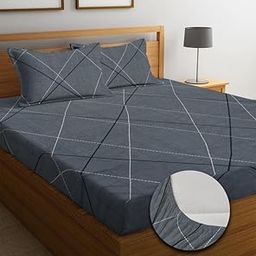 NEW LEAF Premium Cotton 220 TC Elastic Fitted Bedsheets with 2 Pillow Covers | Double/King Bed with All Around Elastic Wrinklefree Supersoft Breathable |Size-78 x72+10 inches | White Green Yellow-26