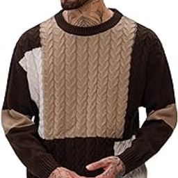 Colourblock Cable Knit Pullover: Mocha Men and Boys Long Sleeves Round Neck Acrylic Oversized Pullovers-image-25