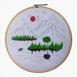 Mountain Lake Landscape Embroidery Hoop Art, Handmade Wall Decor, Nature Scene with Trees and Red Sun-image-40