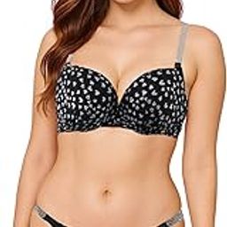 Women's Padded Underwired Mini Grey Heart Print Push-Up Uplifting Bra Panty G-String Set – Adjustable Glitter Strap Back Hook Closure Stylish Everyday Lingerie Set-image-71
