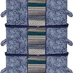 Kuber Industries Pack of 3 Non Woven Underbed Storage Organizer | Storage Bags For Clothes, Blanket | Clothes Storage Bag For with Handle & Visible Window | Flower Printed - Navy Blue-27